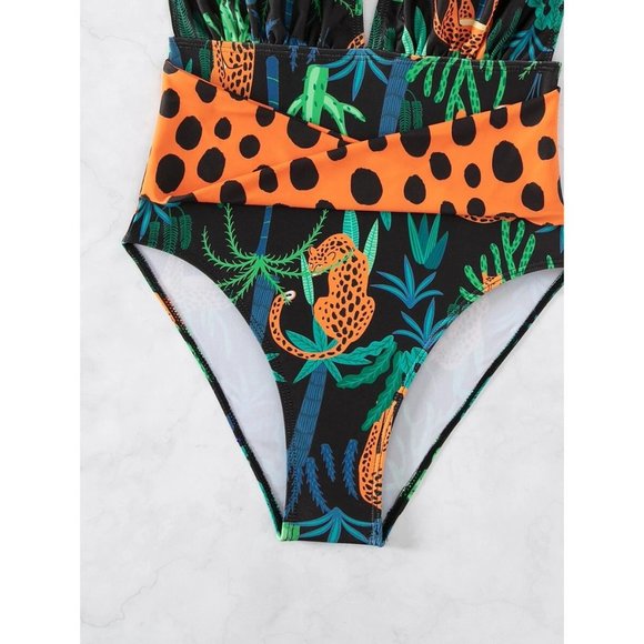NEW Leopard & Tropical Print Plunging One Piece Swimsuit S - Picture 5 of 6